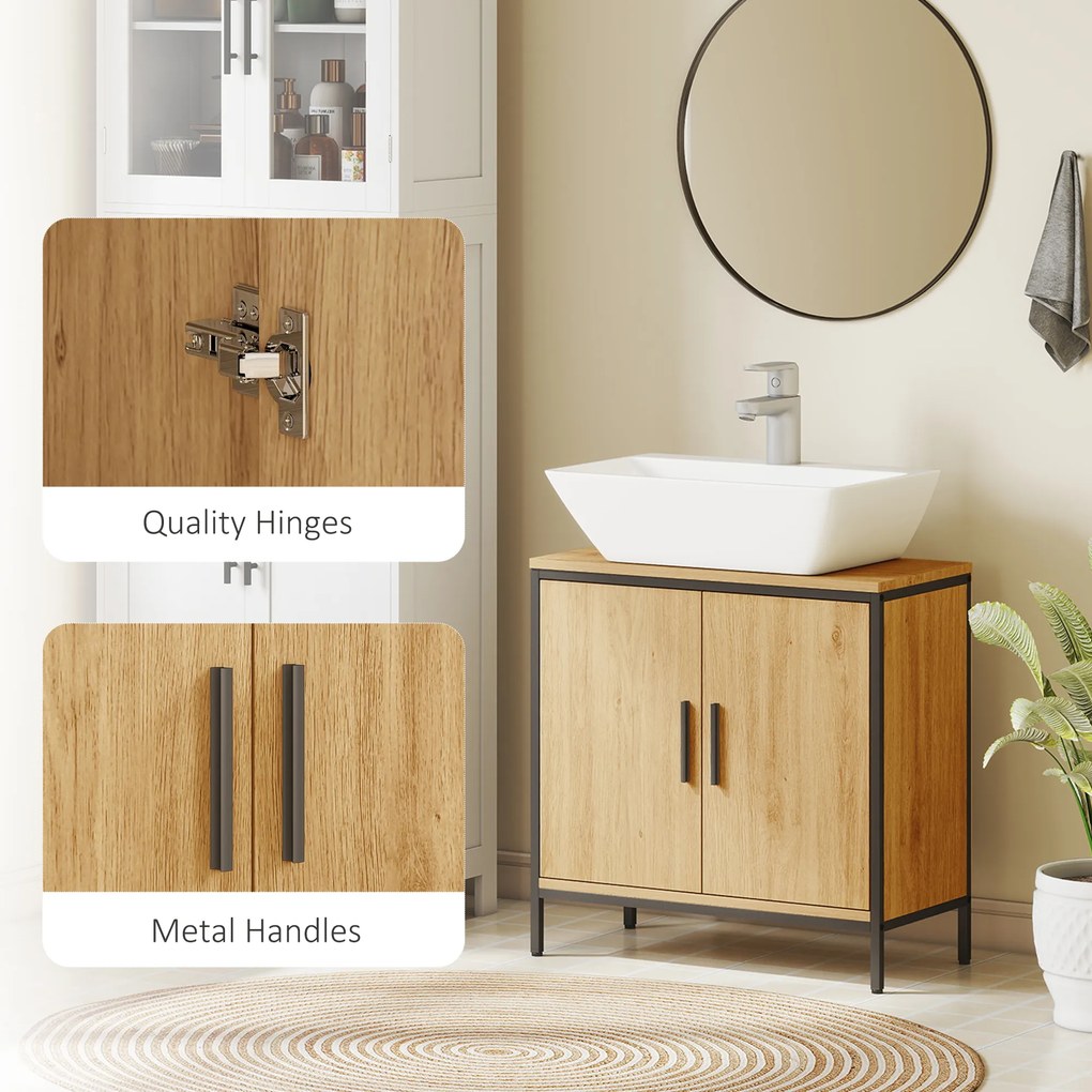 HOMCOM szafka pod umywalkę, szafka z 2 drzwiami, regulowana półka, 60x30x60 cm szafka łazienkowa z ramą stalową, do umywalek bez podstawy, Dąb