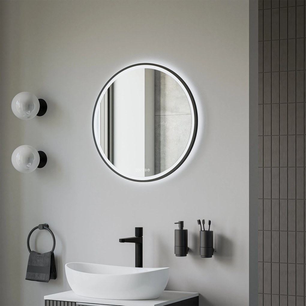 Lustro podświetlane LED 8232 - 2.0 okrągłeAluminiowa ramka - Czarny mat - Piaskowany - Przeciwmgielny - Cyfrowy zegar