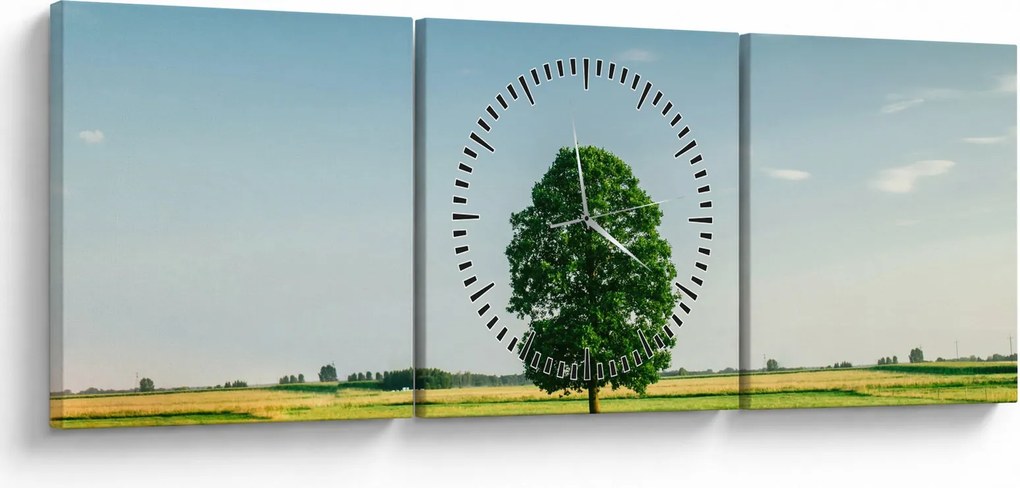 Obraz drzewa na środku łąki (z zegarem) (90x30 cm)
