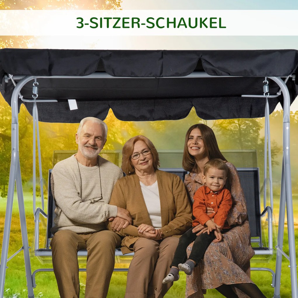 Outsunny Huśtawka Ogrodowa z Daszkiem 3 Osobowa Metalowa Czarno Srebrna Ławka Bujana z Ochroną Przed Słońcem 171x108x154cm | Aosom PL