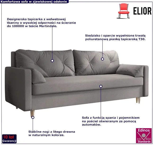 Popielata sofa rozkładana z pojemnikiem na pościel - Ahmo