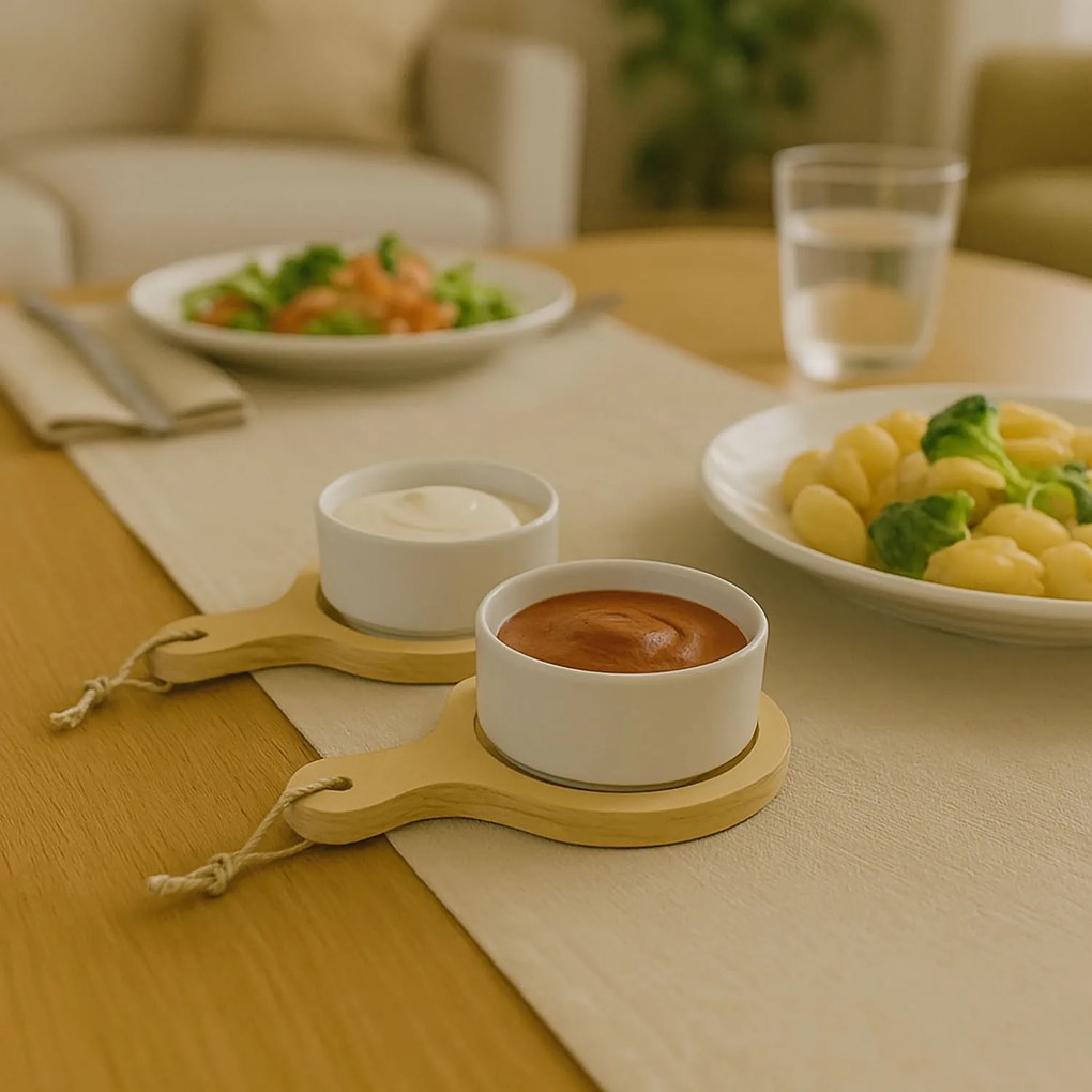 Zestaw do przekąsek, dressingów i przystawek - 2 okrągłe porcelanowe miseczki na tackach