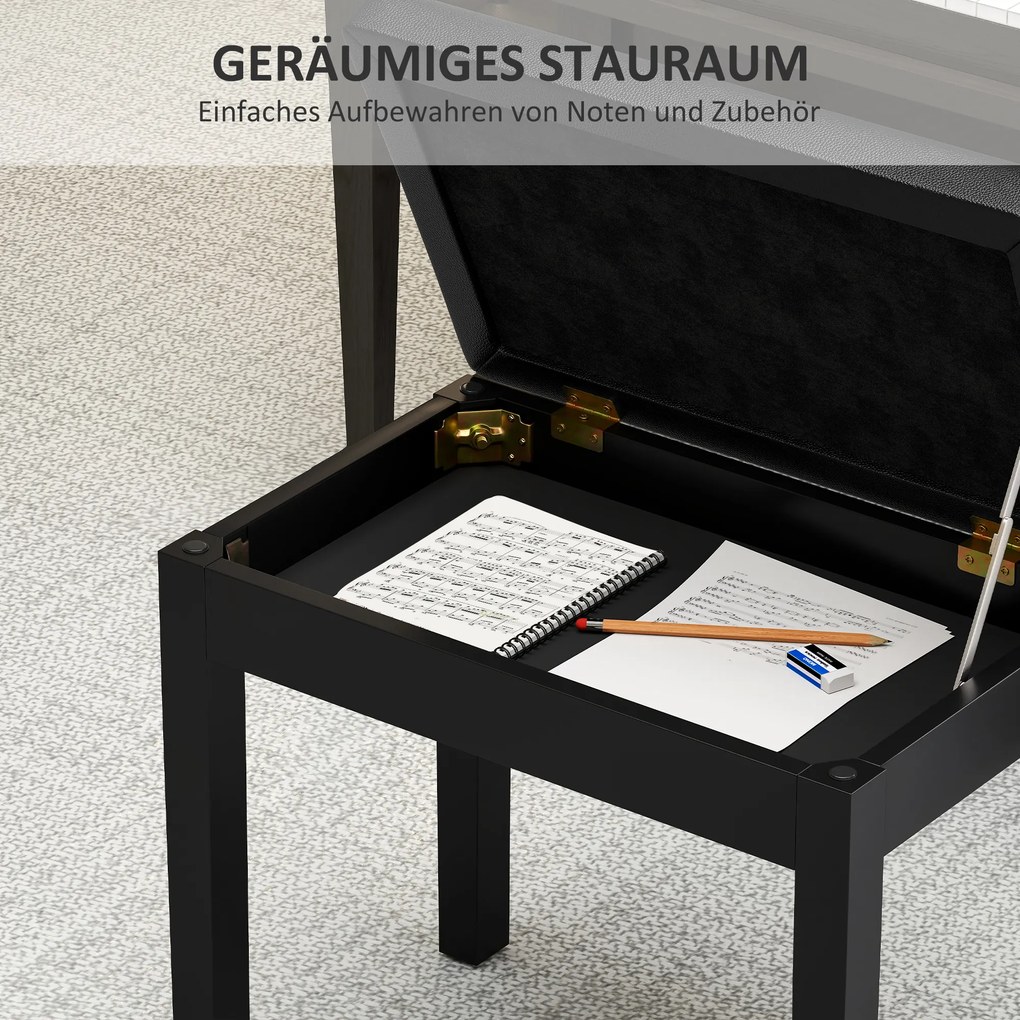HOMCOM Ławka pianistyczna, obicie ze skóry ekologicznej, pikowane guziki, miejsce do przechowywania, nogi drewniane, Czarny