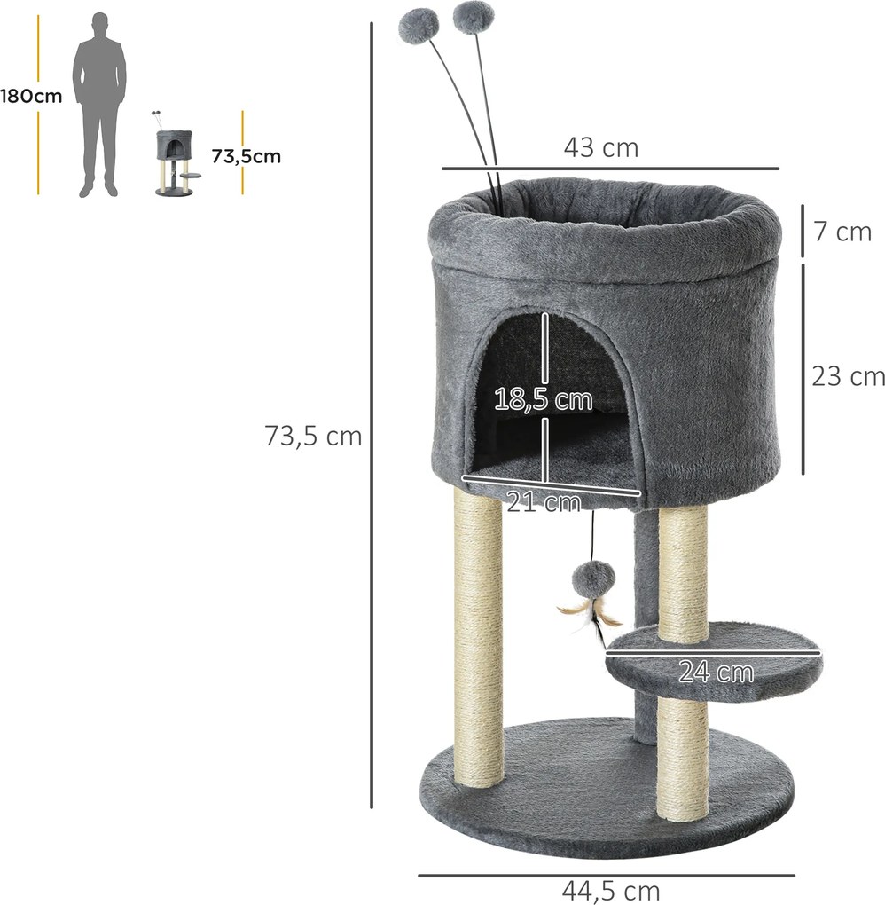 Drzewo dla kota PawHut, z domkiem, platforma, piłka do gry, sizal, zielony+kremowa biel, 44,5 x 44,5 x 73,5 cm