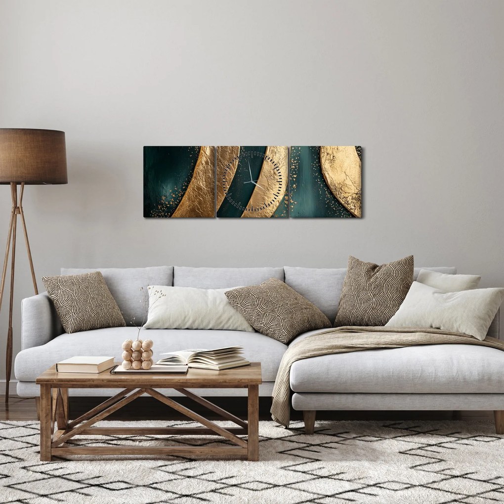 Obraz - Zielona abstrakcja ze złotem I. (z zegarem) (90x30 cm)