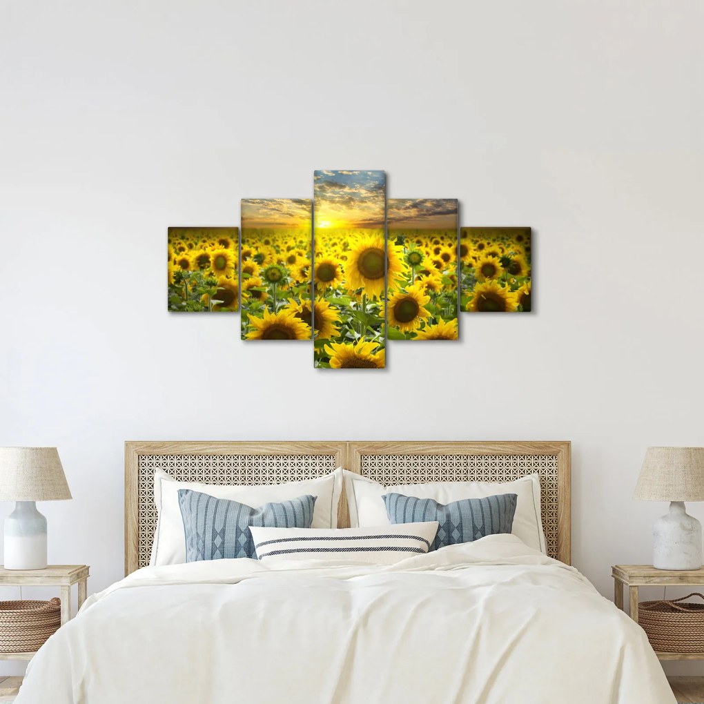 Obraz - Słoneczniki o zachodzie słońca (125x70 cm)