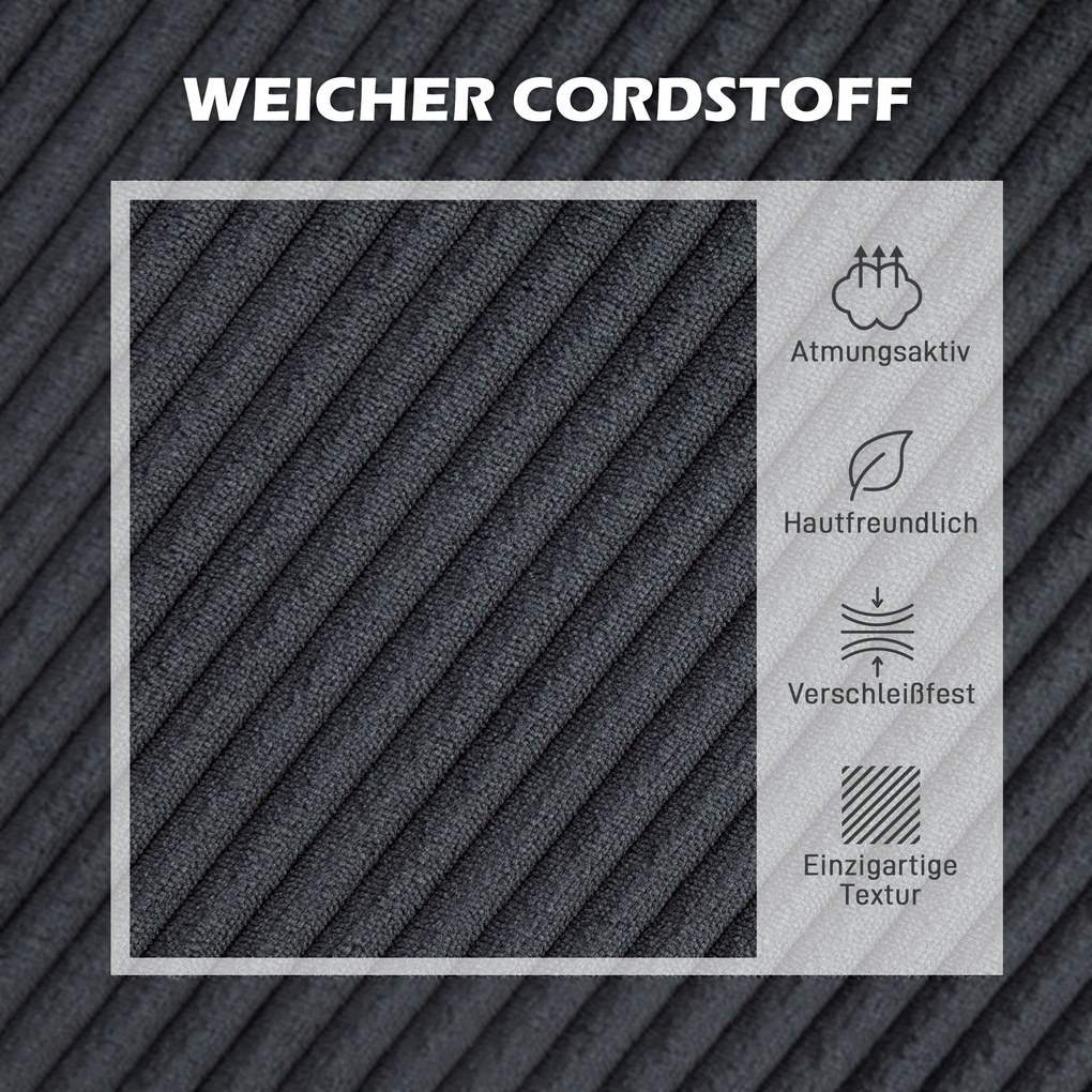 HOMCOM Narożnik L-fomowy trzyosobowy z szezlongiem, konstrukcja z drewna, 8 nóg, obicie z kordu, pikowana pianka, Szary