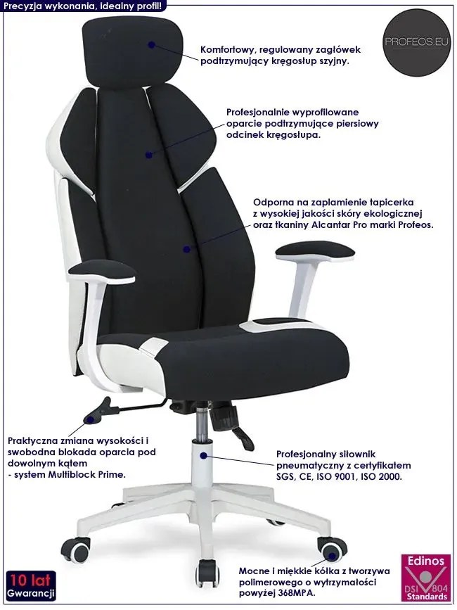 Czarny biurowy fotel obrotowy z regulowanym zagłówkiem T2-S95