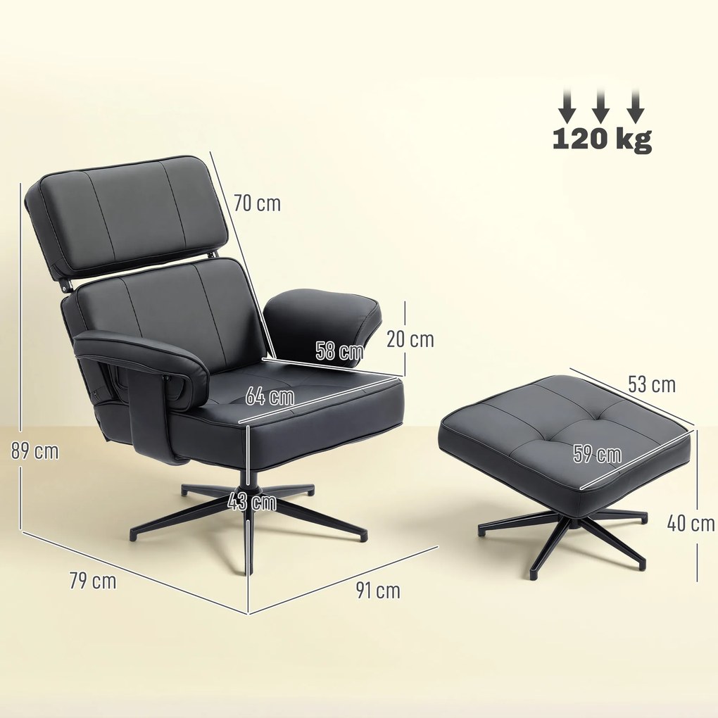 HOMCOM Regulowany fotel leżankowy z podnóżkiem, obicie z ekoskóry, regulowany zagłówek, metalowa podstawa, czarny
