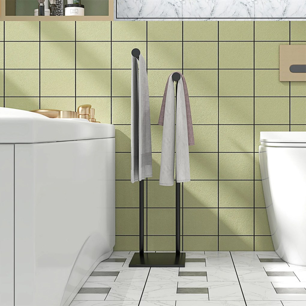 HOMCOM Wolnostojący wieszak na ręczniki z 2 drążkami, czarny, 35,5x20x78 cm | Aosom PL