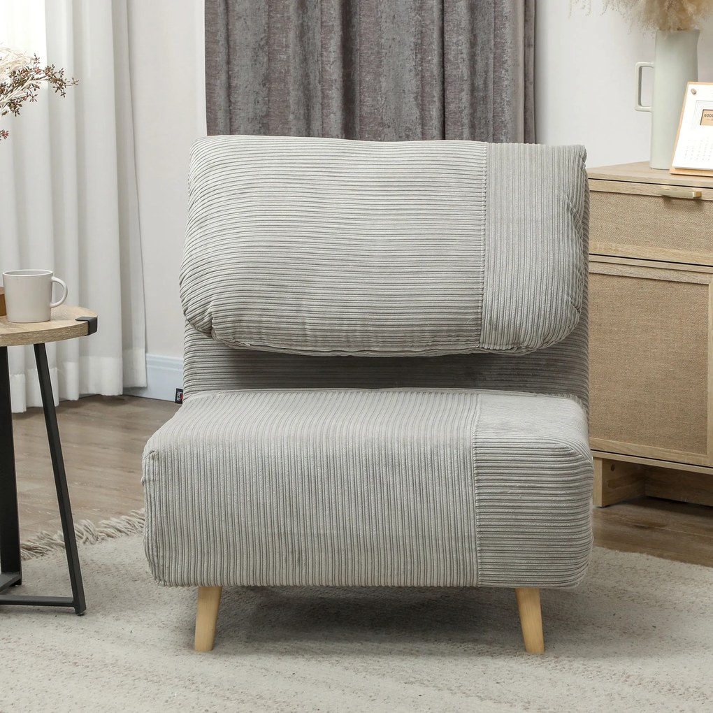 HOMCOM Fotel do spania 2-w-1 dla gości, regulowana poduszka wsparcia, optyka sztruksu, 82 cm x 89 cm x 83 cm, Szary