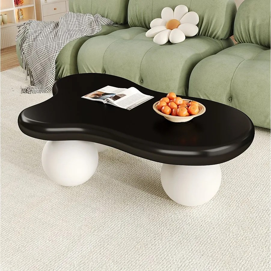 Stolik kawowy z diodami LED - 95 x 62,5 x 32 cm - design w kształcie chmurki i okrągłe nogi - czarny + biały