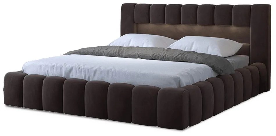 Ciemnobrązowe tapicerowane łóżko dwuosobowe ze schowkiem ze stelażem 140x200 cm Lamica – ELTAP