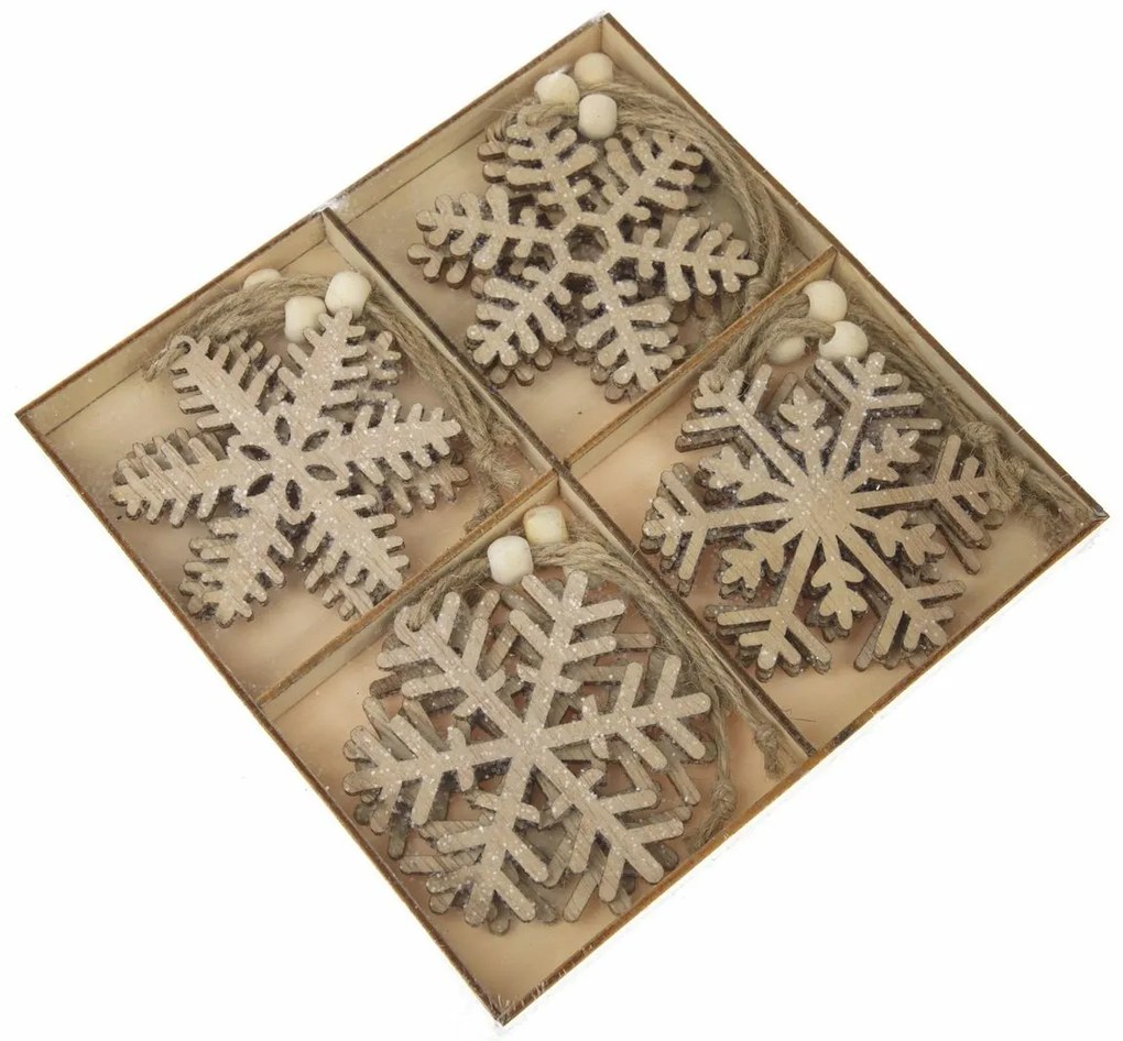 Zestaw drewnianych płatków śniegu do powieszenia w pudełku, 12 szt., brązowy