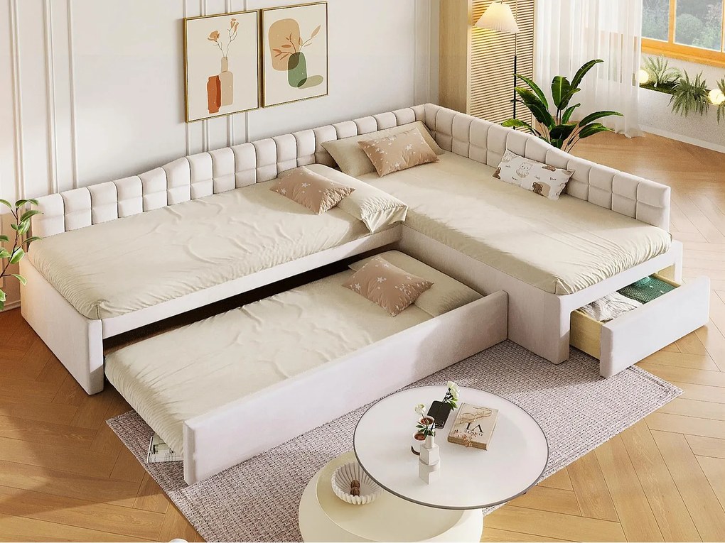 Łóżko pojedyncze tapicerowane w kształcie L 90x200 cm - z łóżkiem wysuwanym i 1 szufladą - Pokrycie welurowe - Beżowe (Materac nie wliczony w cenę)