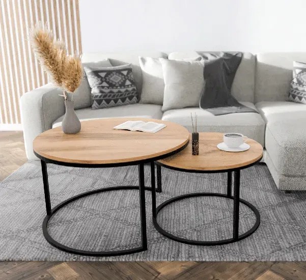 Komlet dwóch industrialnych stolików kawowych dąb wotan + czarny B4-N14