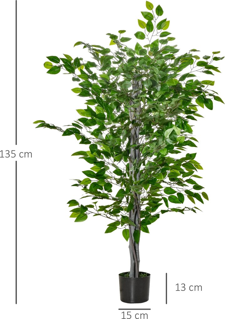 HOMCOM Sztuczne Drzewo Ficus, Realistyczny Wygląd, Donica Cementowa, 135 cm, Łatwe w Utrzymaniu, Plastik, Zielony