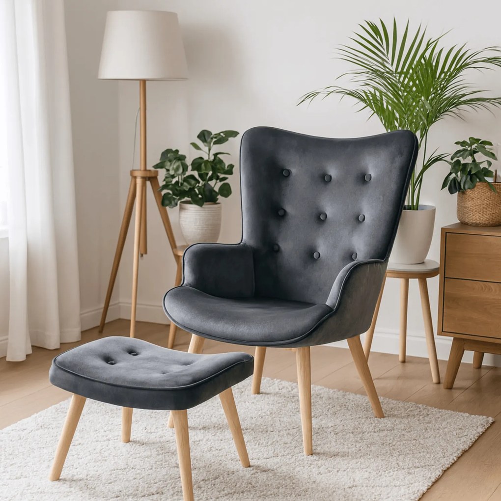 Fotel Wypoczynkowy Uszak LOZANO Z Podnóżkiem Szary Welurowy Nowoczesny