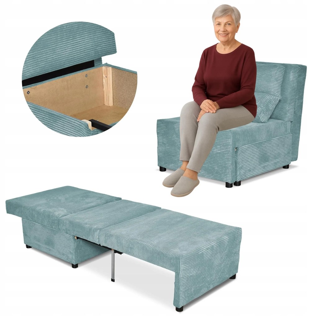 Fotel rozkładany funkcja spania KIMO pojemnik pościel Family Meble miętowy - DOSTĘPNY OD RĘKI
