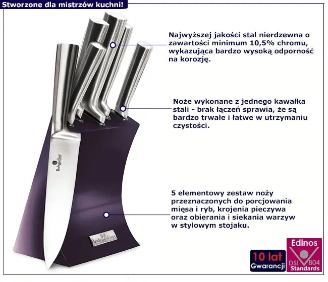 Zestaw stalowych noży w fioletowym stojaku W5-R52