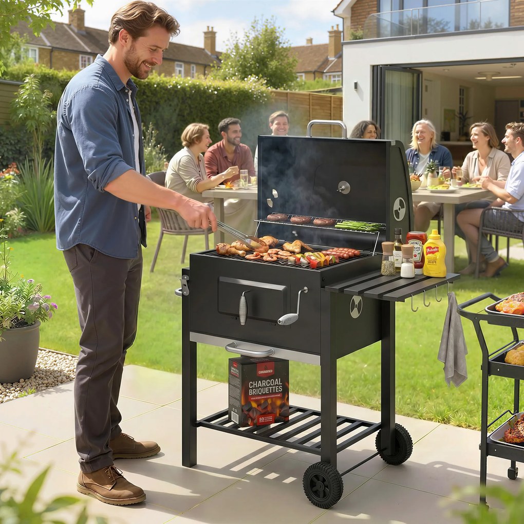 Outsunny Grill węglowy Smoker BBQ-Smoker, 1 półka, 1 uchwyt na ręcznik, 2 ruszty grillowe, 113 cm x 65 cm x 108 cm, Czarny