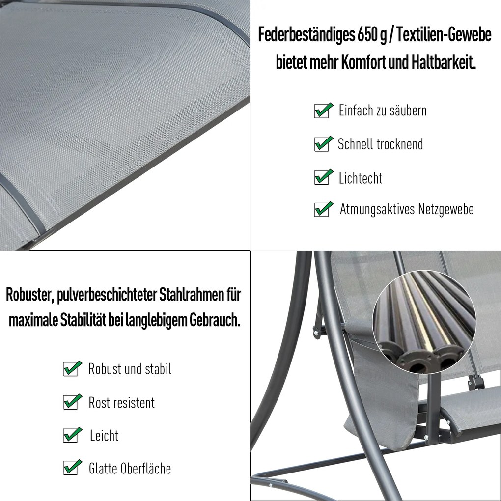 Outsunny Komfortowa Huśtawka Ogrodowa z Daszkiem 196x128x172cm z Kieszeniami | Aosom PL