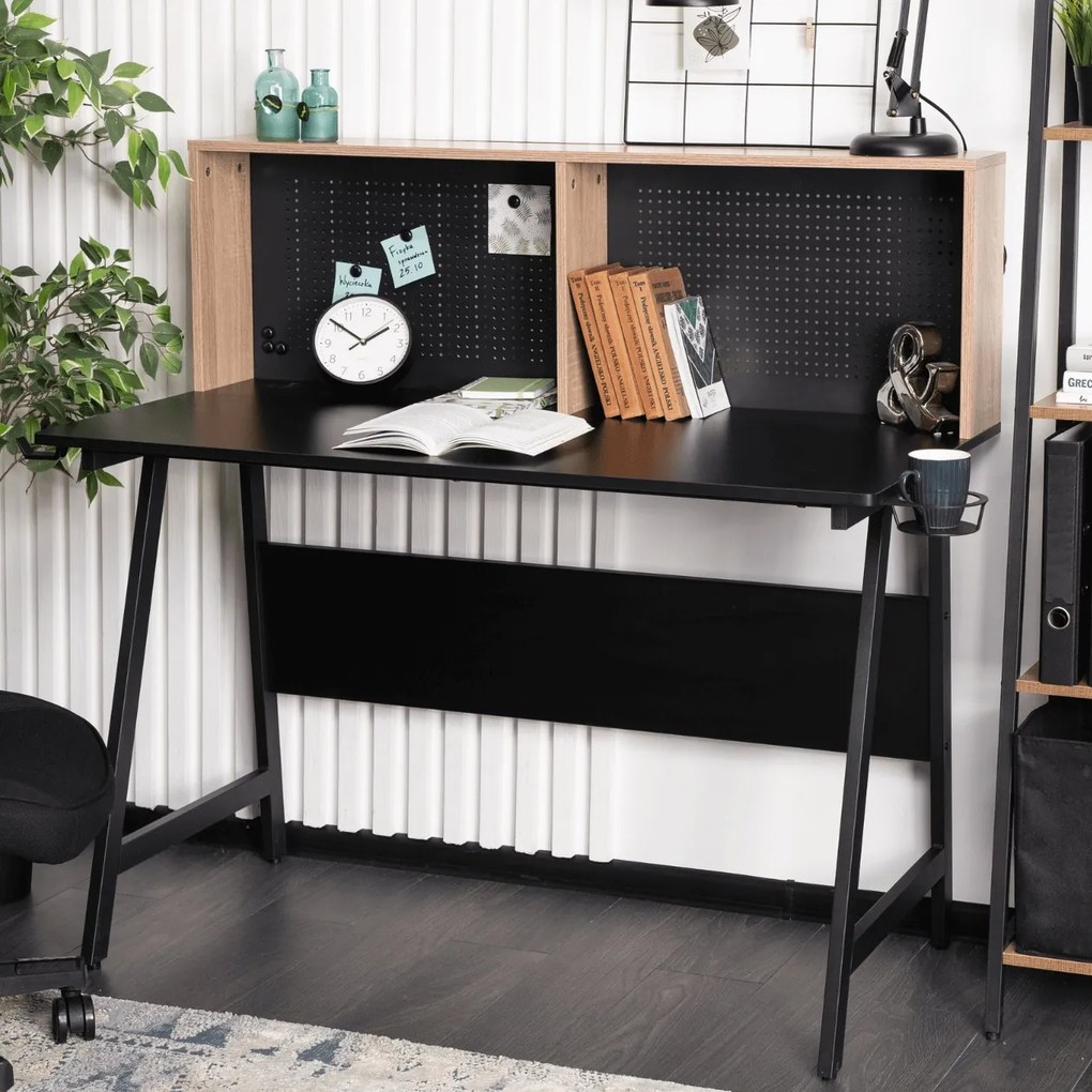 Biurko z nadstawką i tablicą perforowaną Ice 138,5 cm, czarny/dąb sonoma