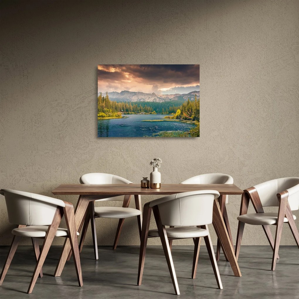 Obraz na szkle - górskia rzeka i góry (70x50 cm)