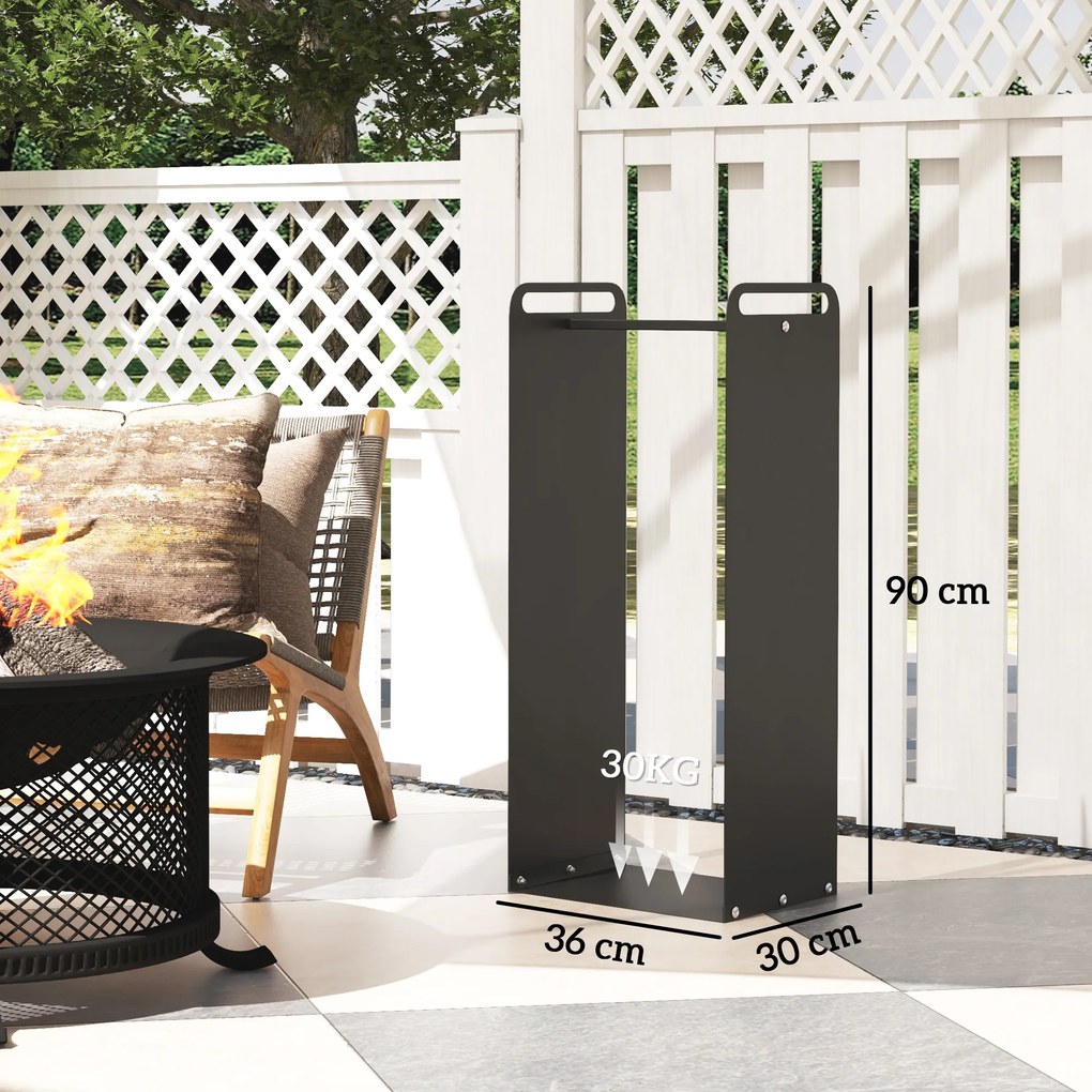 Outsunny Stojak na drewno do kominka, 2 uchwyty, stalowy stelaż, do 30kg, 36x30x90cm, Czarny