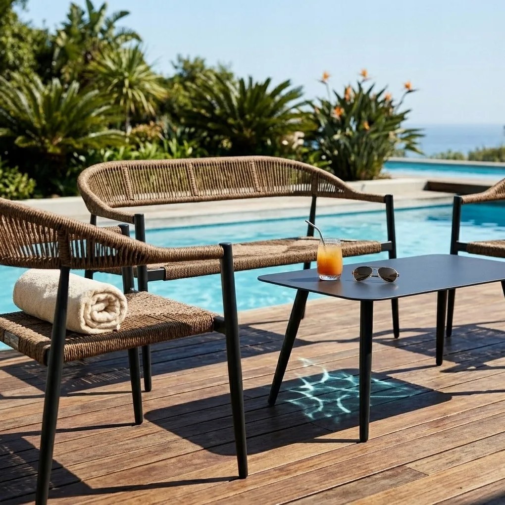 Zestaw mebli ogrodowych pleciony beżowy rama szara ławka, 2 krzesła, stolik