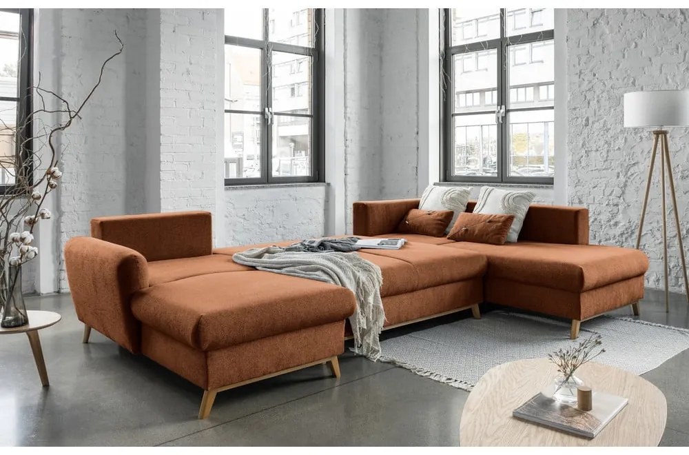 Ceglasta rozkładana sofa w kształcie litery "U" Miuform Scandic Lagom, prawostronna