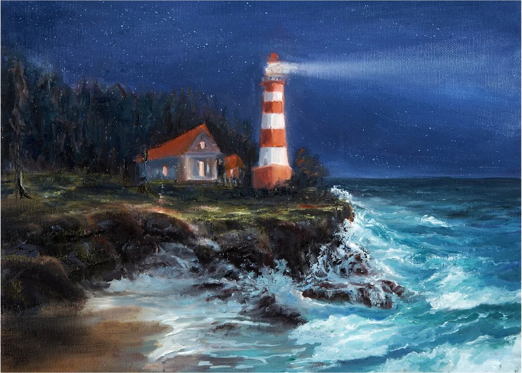 Obraz na szkle - Latarnia morska na brzegu oceanu, akwarela (70x50 cm)