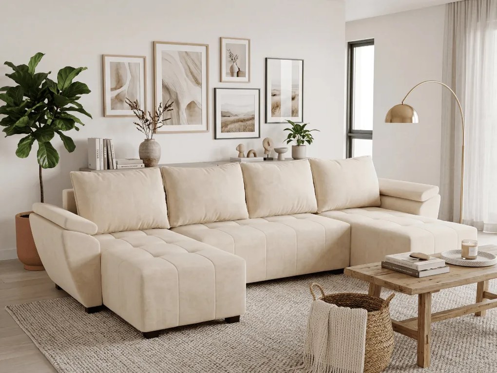 PROMOCJA Rozkładana sofa w kształcie U LIVARO 305x140 cm, kremowa II. jakość
