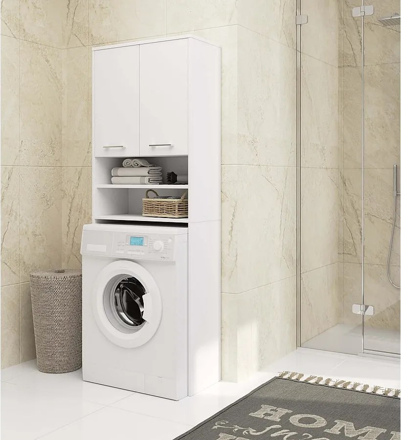 Słupek łazienkowy AKORD FIN do zabudowy pralki Biały 64 cm wnęka 2 drzwi kolor Biały mat 4 półki 64x30x180 cm