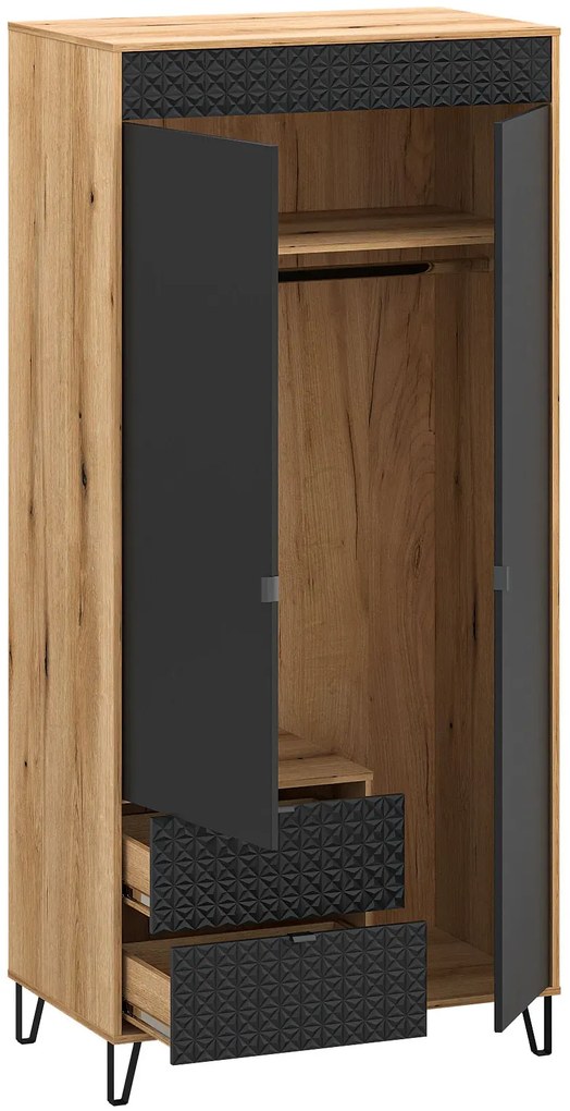 Szafa dwudrzwiowa z drążkiem na nóżkach dąb evok + czarny T0-E56