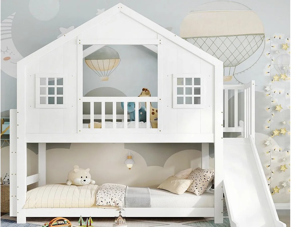 Łóżko piętrowe dla dzieci 90x200 cm - ze zjeżdżalnią i drabiną - z dachem i oknami - lite drewno + MDF - biały​ (bez materaca)