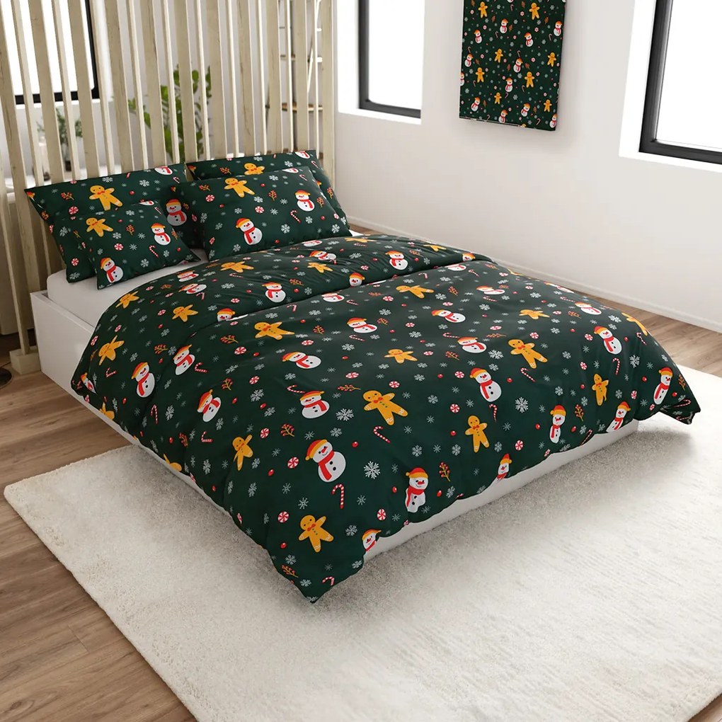 PrzytulneMieszkanie.pl PrzytulneMieszkanie.pl Prześcieradła z mikrofibry SNOWMAN AND GINGERBREAD w kolorze zielonym Rozmiar pościeli: 70 x 90 cm | 140 x 200 cm
