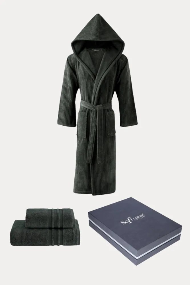 Unisex szlafrok STRIPE + ręczniki + pudełko M + ręczniki + pudełko Antracyt