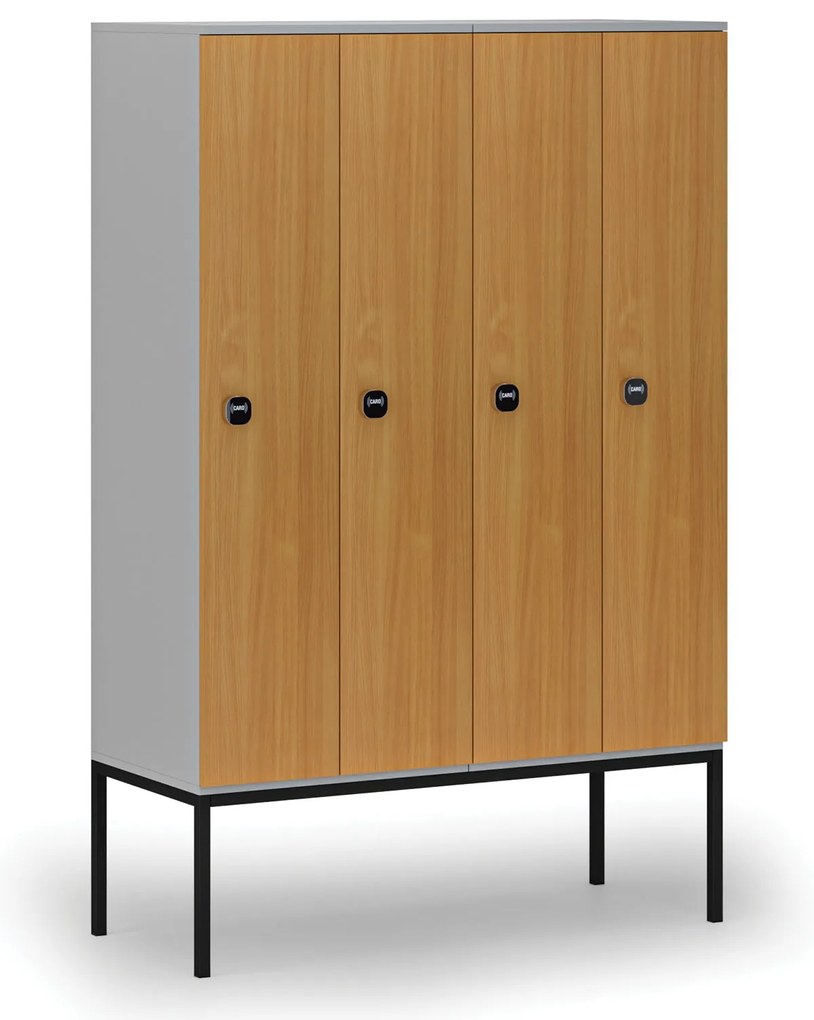 Drewniana szafa ubraniowa z podstawą, 4-drzwiowa, 1871 x 1200 x 500 mm, demontaż, zamek RFID, szary/buk