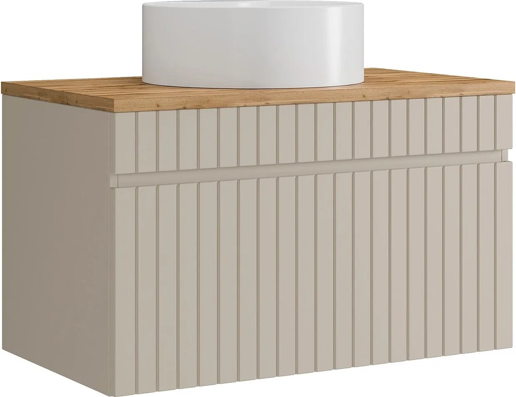 Wisząca szafka łazienkowa prążkowana beżowa z umywalką nablatową okrągłą – 80 cm – SATARA