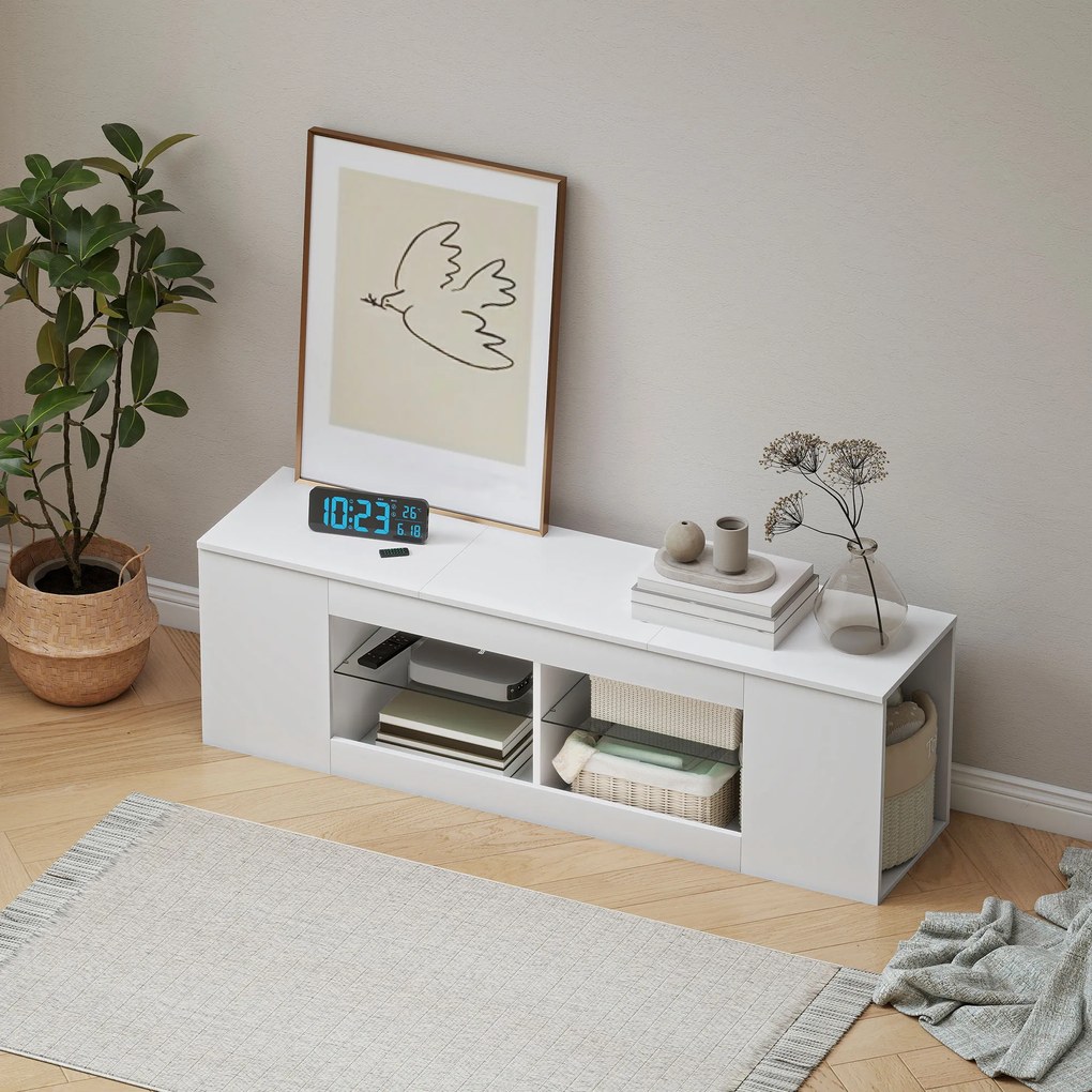 HOMCOM Stojak TV 140 cm, komoda RTV, 6 przegrodzeń, 2 szklane półki, płyta wiórowa, biały