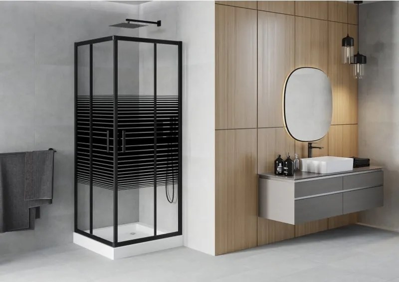 Mexen Rio kabina prysznicowa kwadratowa 80 x 80 cm, czarne pasy, czarna + brodzik Rio, biały - 860-080-080-70-20-4510