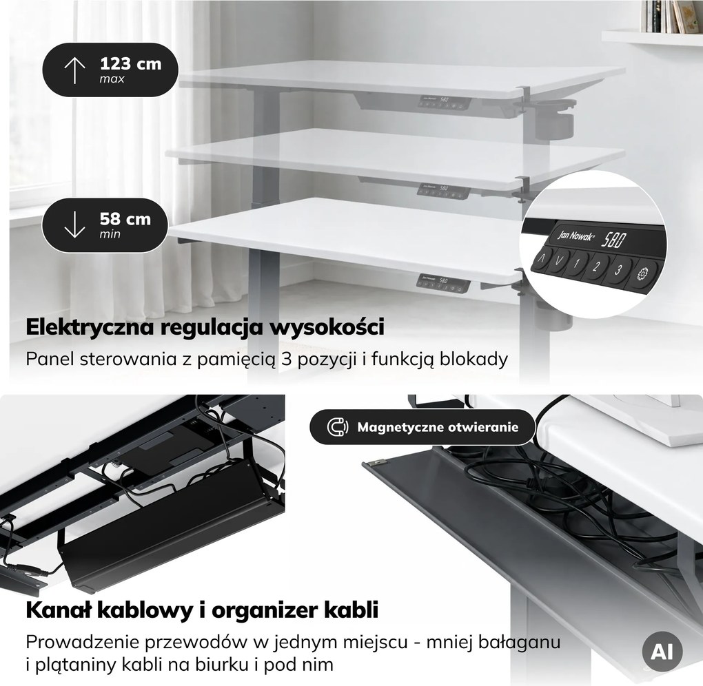 Biurko elektryczne z regulacją wysokości ergonomiczne antracytowo-białe, 1200x600 mm: ARIA