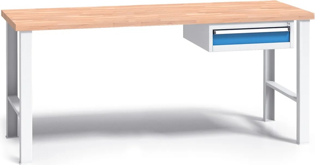 Profesjonalny stół warsztatowy G3 z drewnianym blatem roboczym, 1700 mm, 1x 1 szufladowy kontener, niebieski