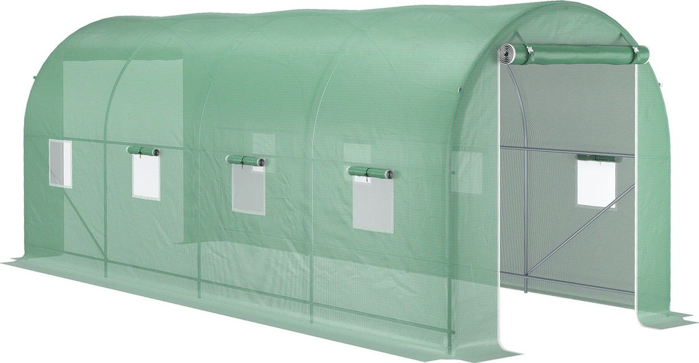 Szklarnia Outsunny 500x200x205cm, Tunel foliowy do pomidorów, Drzwi z moskitierą, Okna, Tunel foliowy ze stali ocynkowanej, Stabilny tunel do uprawy roślin, Szklarnia w komplecie z kotwami do ziemi i linami, Zielony