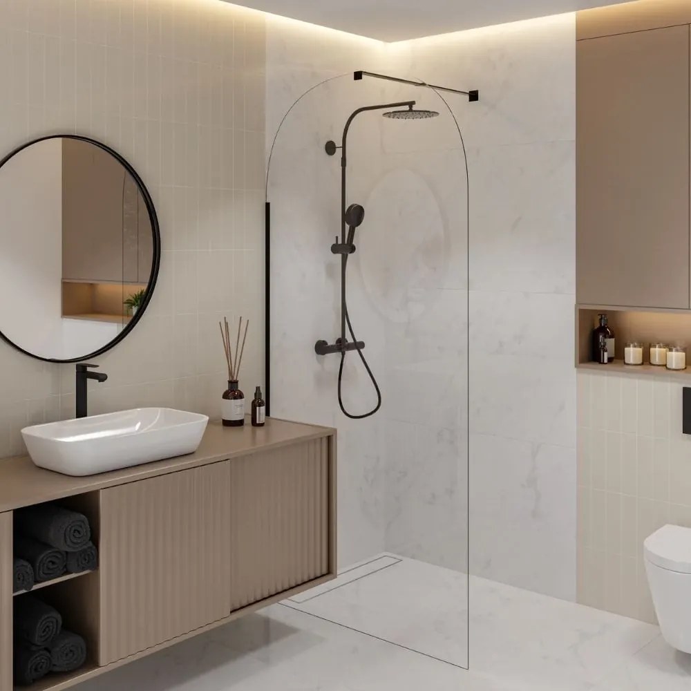 Ścianka prysznicowa WALK IN FIX przezroczysta półokrągła 8mm MOLIS CLEAR OVAL MASSI | rożne rozmiary : Kolor profili kabiny - złoty szczotkowany, Szerokość ścianki - 120 cm, Typ montażu - WALK in FIX (Do ściany)