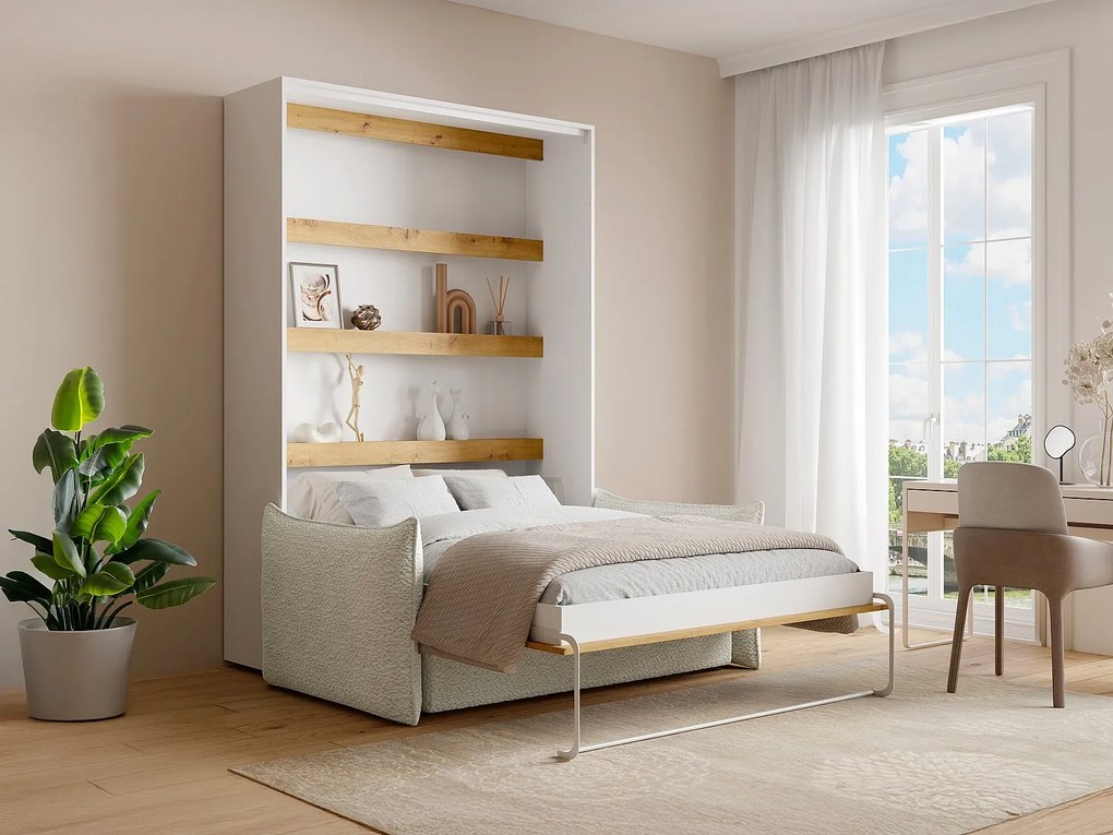 Łóżko chowane w szafie 160 x 200 cm - Ręczne otwieranie pionowe - Z diodami LED - Biały i naturalny + Kanapa - RAPILI