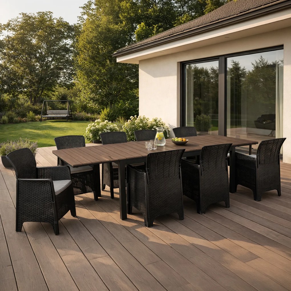 Zestaw Mebli Ogrodowych Stół ARGOS 160-260 cm Orzech/Czarny i 8x Fotel FRESNO Czarny Technorattan Nowoczesny