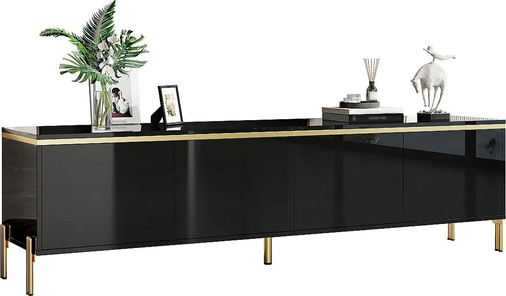 Nowoczesna, błyszcząca szafka pod TV - 170 x 38 x 50 cm - z 4 drzwiami i złotymi krawędziami - płyta wiórowa - czarna