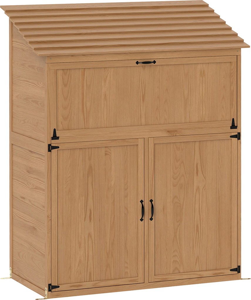 Outsunny Szafka Ogrodowa na Narzędzia z Rozkładanym Stołem, Z Dachem, 110 x 54 x 136 cm, Drewno Świerkowe, Brązowy